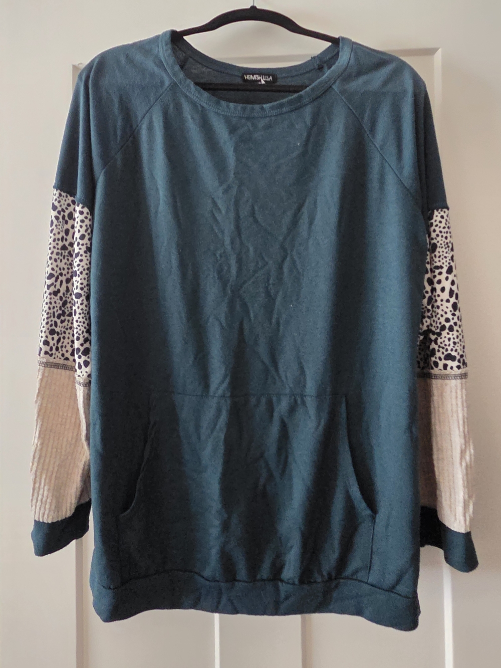 Teal Pullover with Cream & Leopard Sleeve Panels